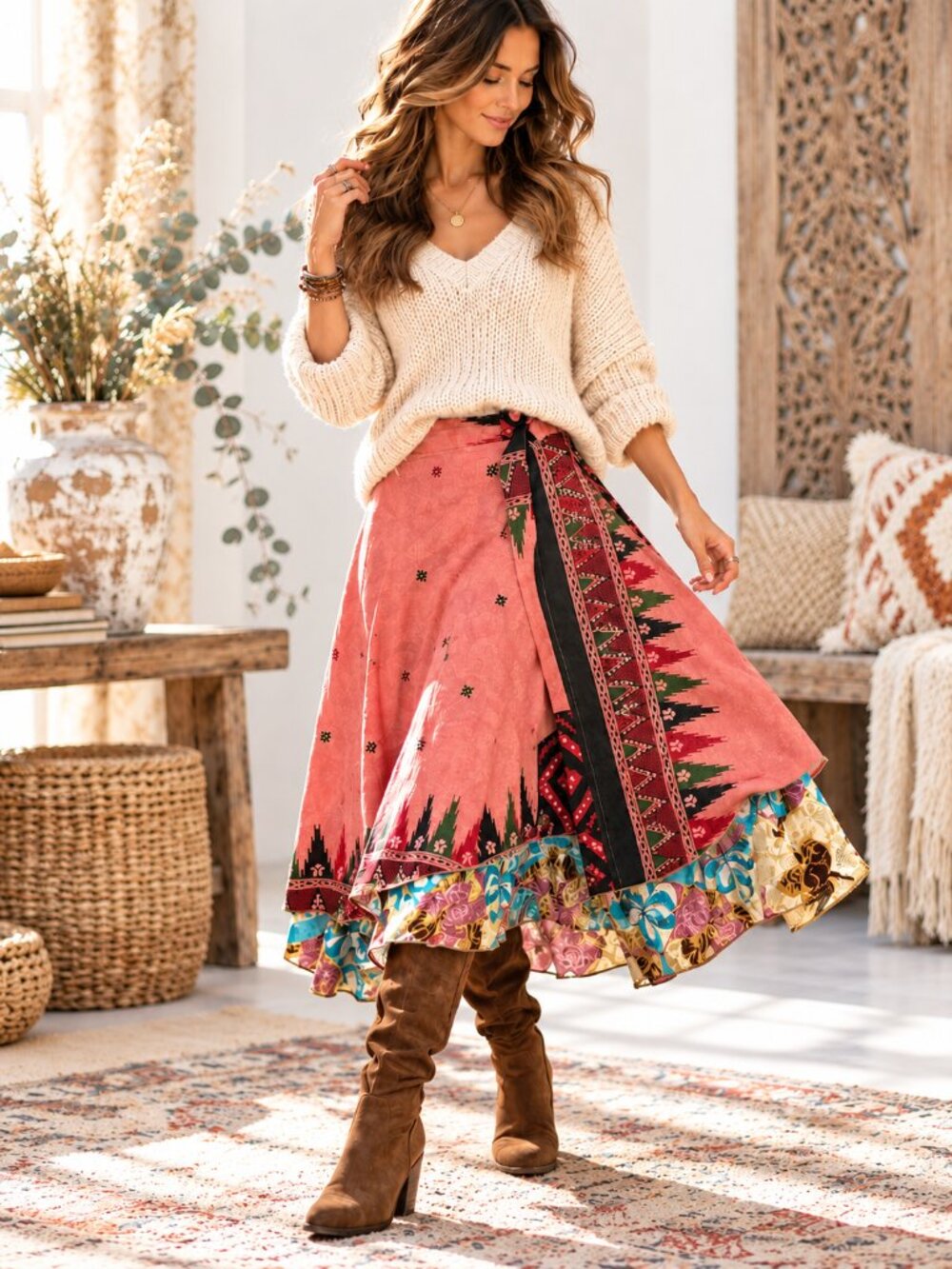 Paths of the Spirit 100% Silk Wrap Skirt One Size Boho Patchwork Maxi Hippie NEW